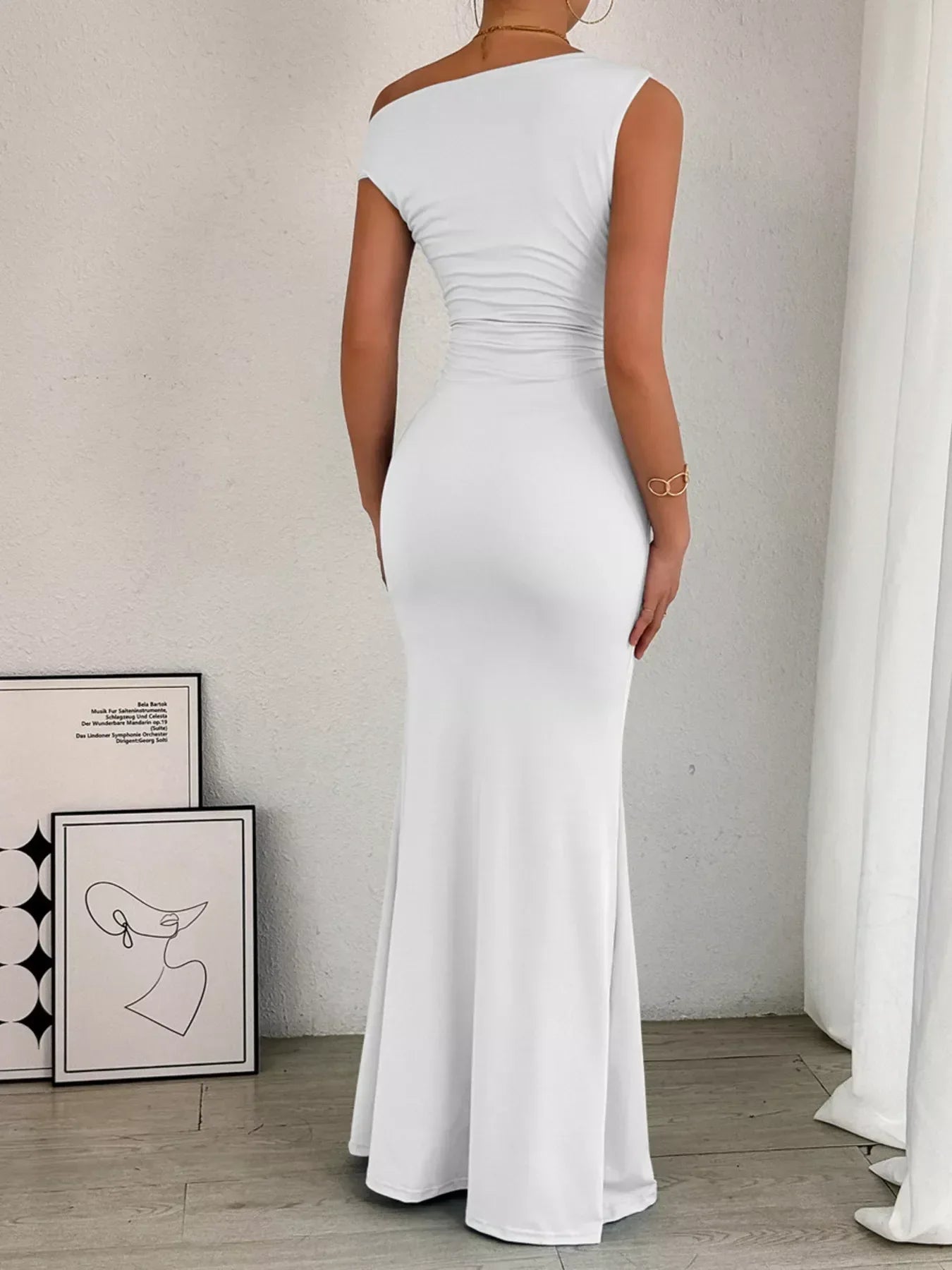 Women's Cocktail One Shoulder Ruched Bodycon Maxi Dress