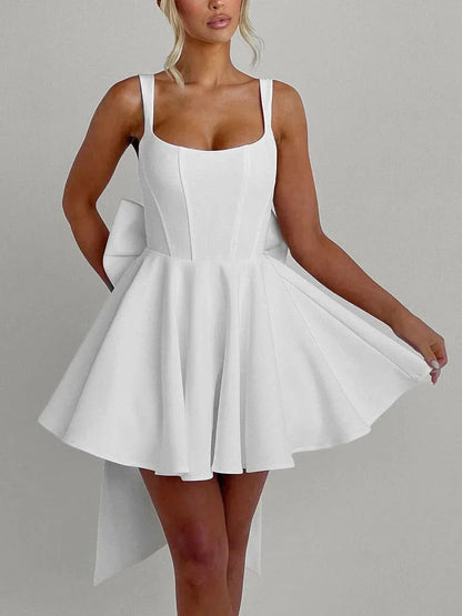Women's Cocktail Bow Mini Square Neck Skater Dress
