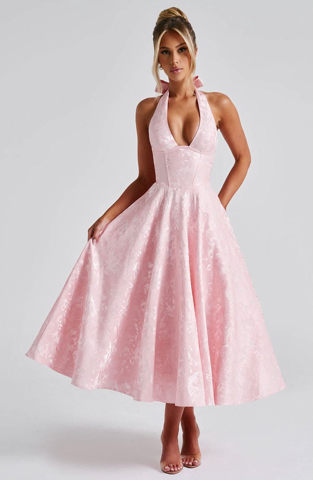 Women's Wedding Guest Floral Halter Midi Dress