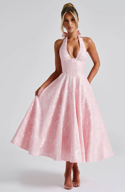 Women's Wedding Guest Floral Halter Midi Dress