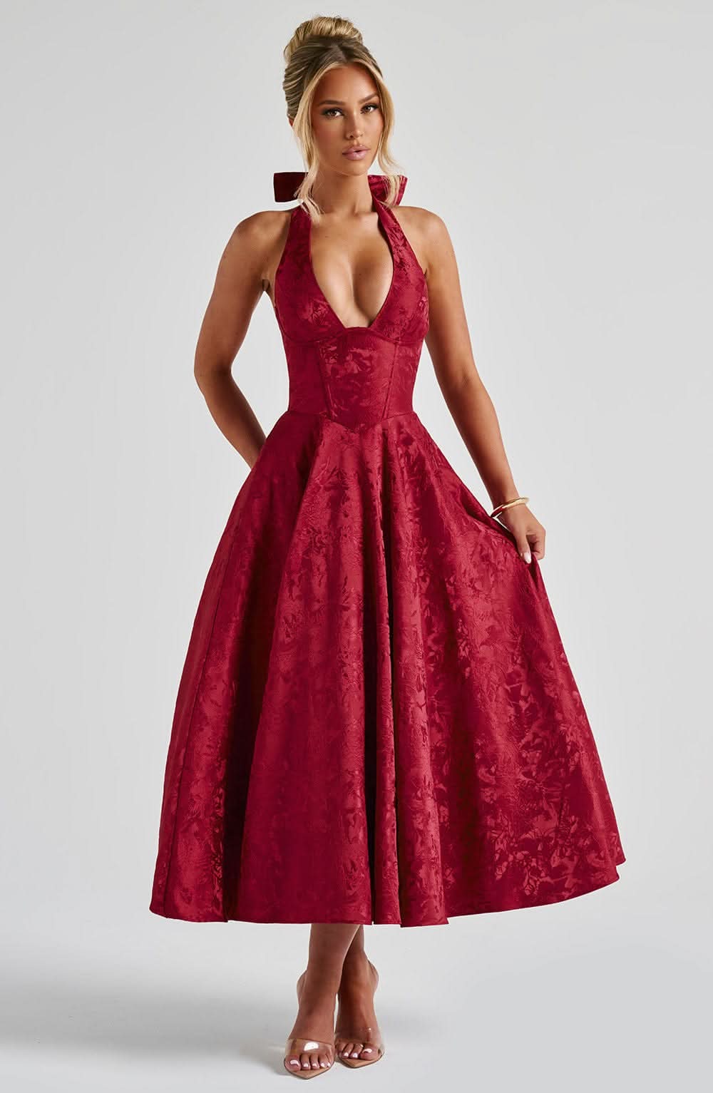 Women's Wedding Guest Floral Halter Midi Dress