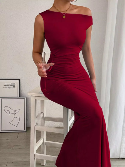 Women's Cocktail One Shoulder Ruched Bodycon Maxi Dress