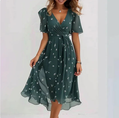 Women's Wedding Guest Floral V Neck Midi Dress