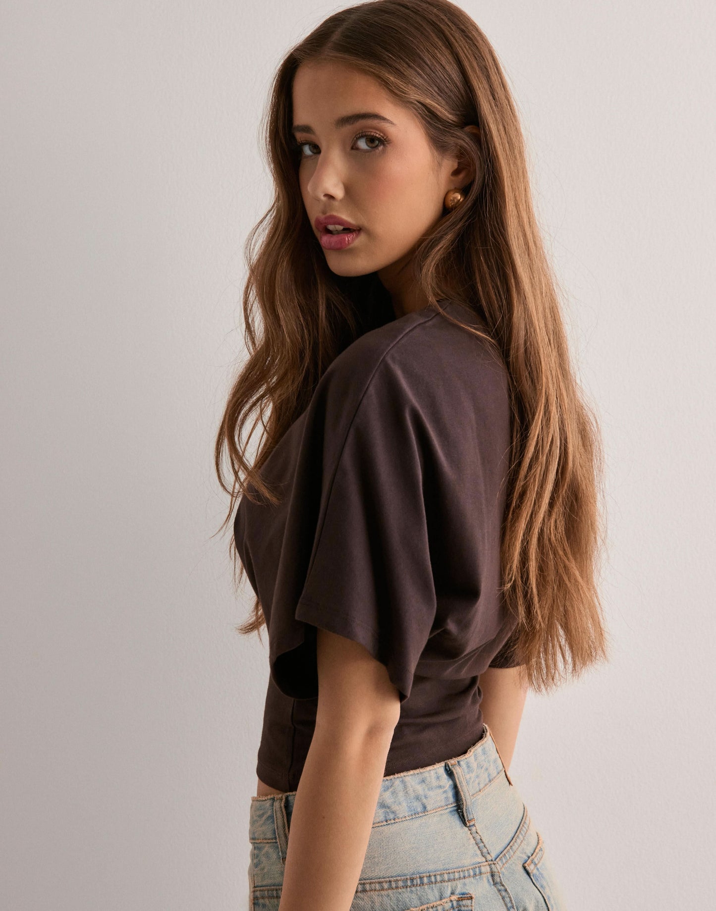 Women's Casual Wide Sleeve Cropped Crew Neck Tee
