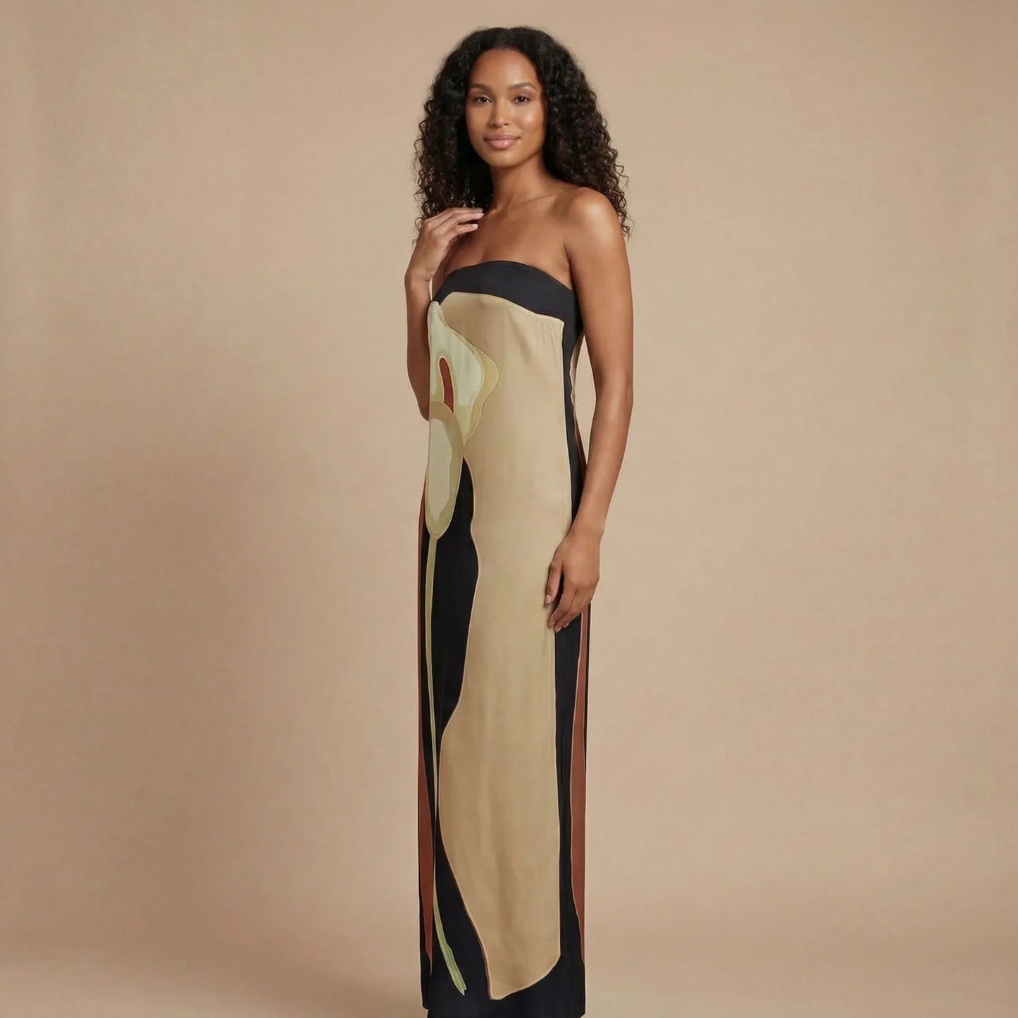 Women's Wedding Guest Strapless Abstract Maxi Dress