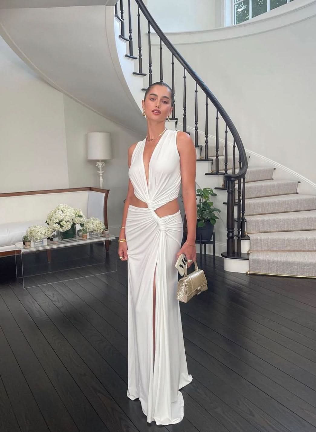 Women's Wedding Guest Cutout V Neck Slit Maxi Dress