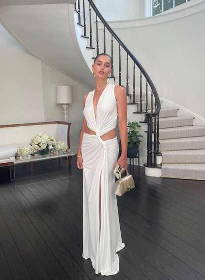 Women's Wedding Guest Cutout V Neck Slit Maxi Dress