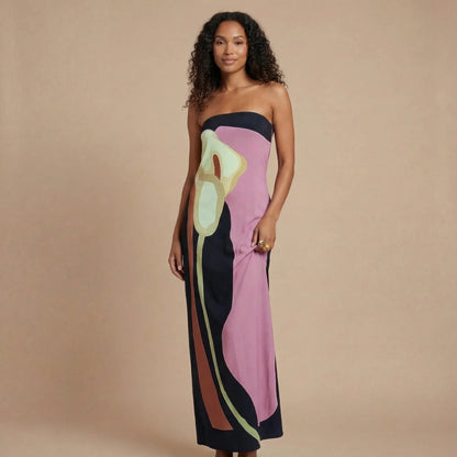 Women's Wedding Guest Strapless Abstract Maxi Dress