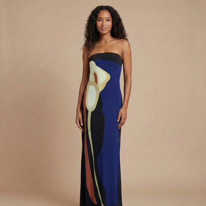Women's Wedding Guest Strapless Abstract Maxi Dress