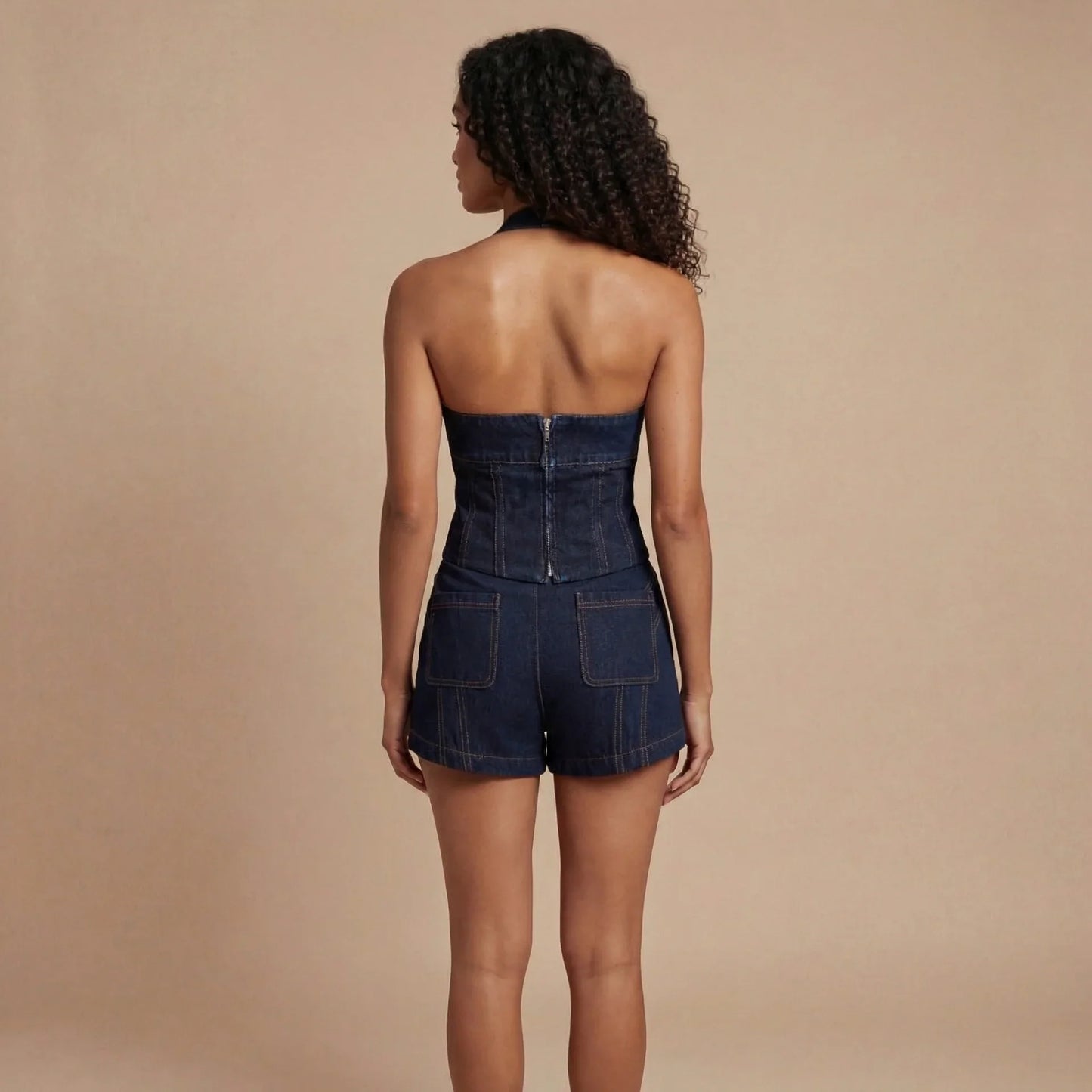 Women's Summer Halter Corset Top and Denim Shorts Set