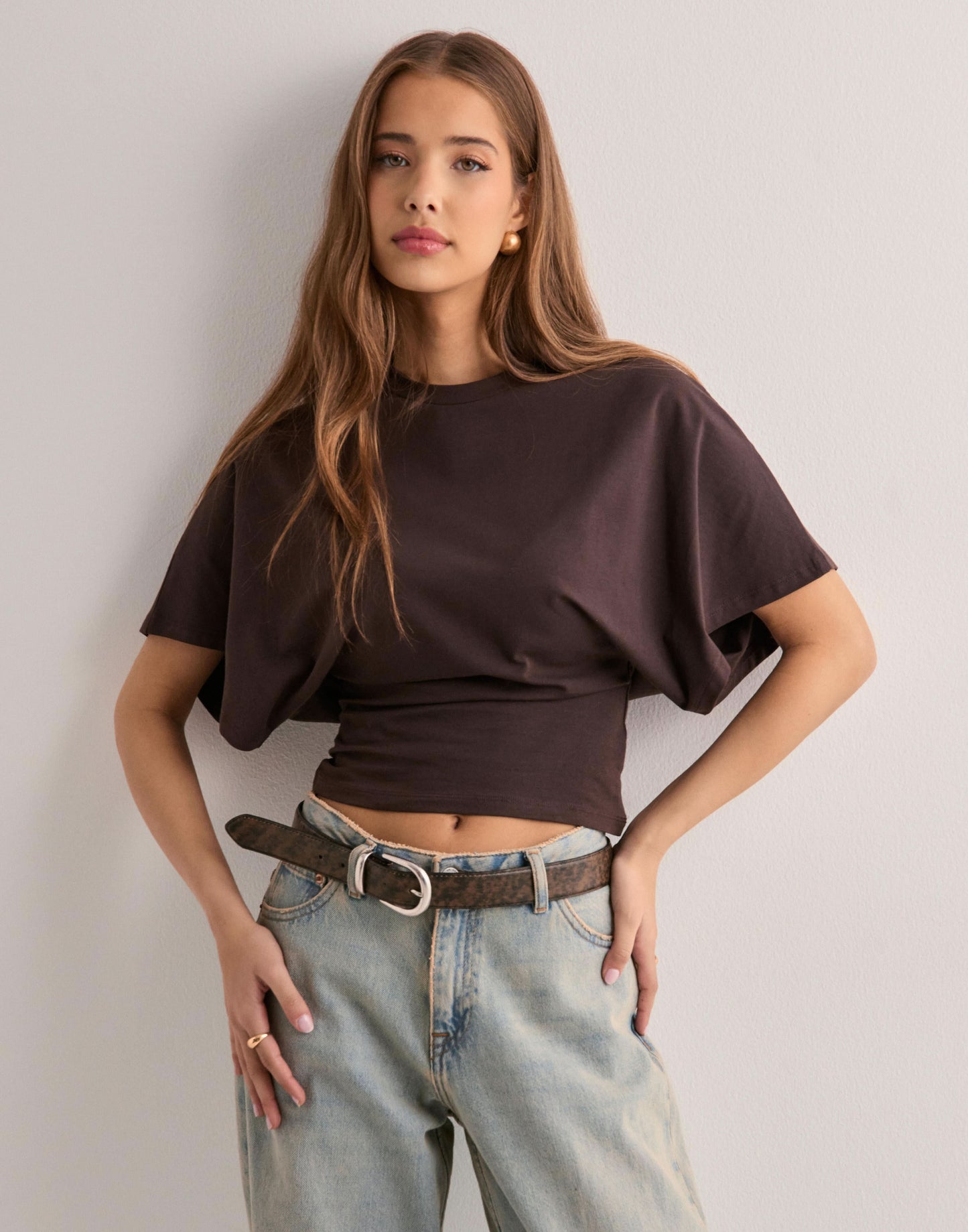 Women's Casual Wide Sleeve Cropped Crew Neck Tee