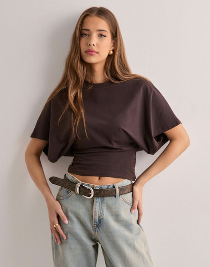Women's Casual Wide Sleeve Cropped Crew Neck Tee