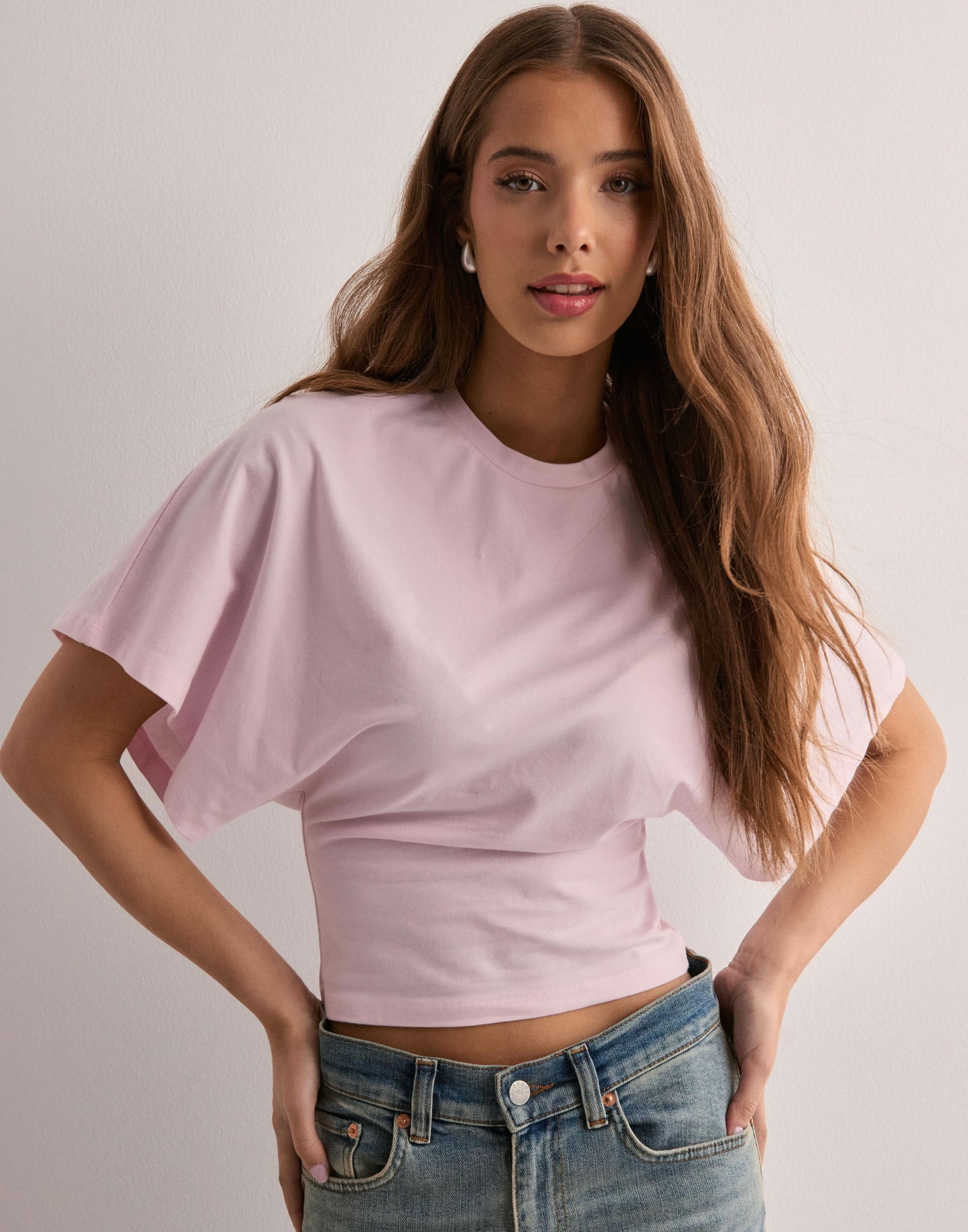 Women's Casual Wide Sleeve Cropped Crew Neck Tee