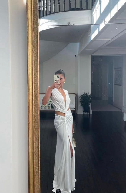 Women's Wedding Guest Cutout V Neck Slit Maxi Dress