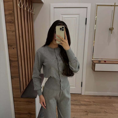 Women's Ribbed Knit Lounge Set Long Sleeve Top and Pants