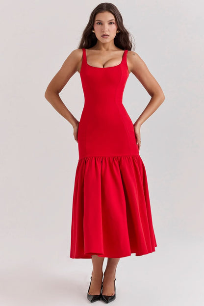 Women's Cocktail Dropped Waist Midi Dress Square Neck