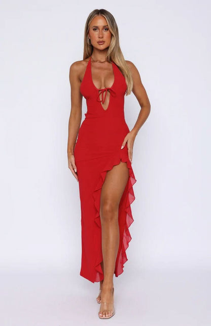 Women's Cocktail Plunge Halter High Slit Maxi Dress