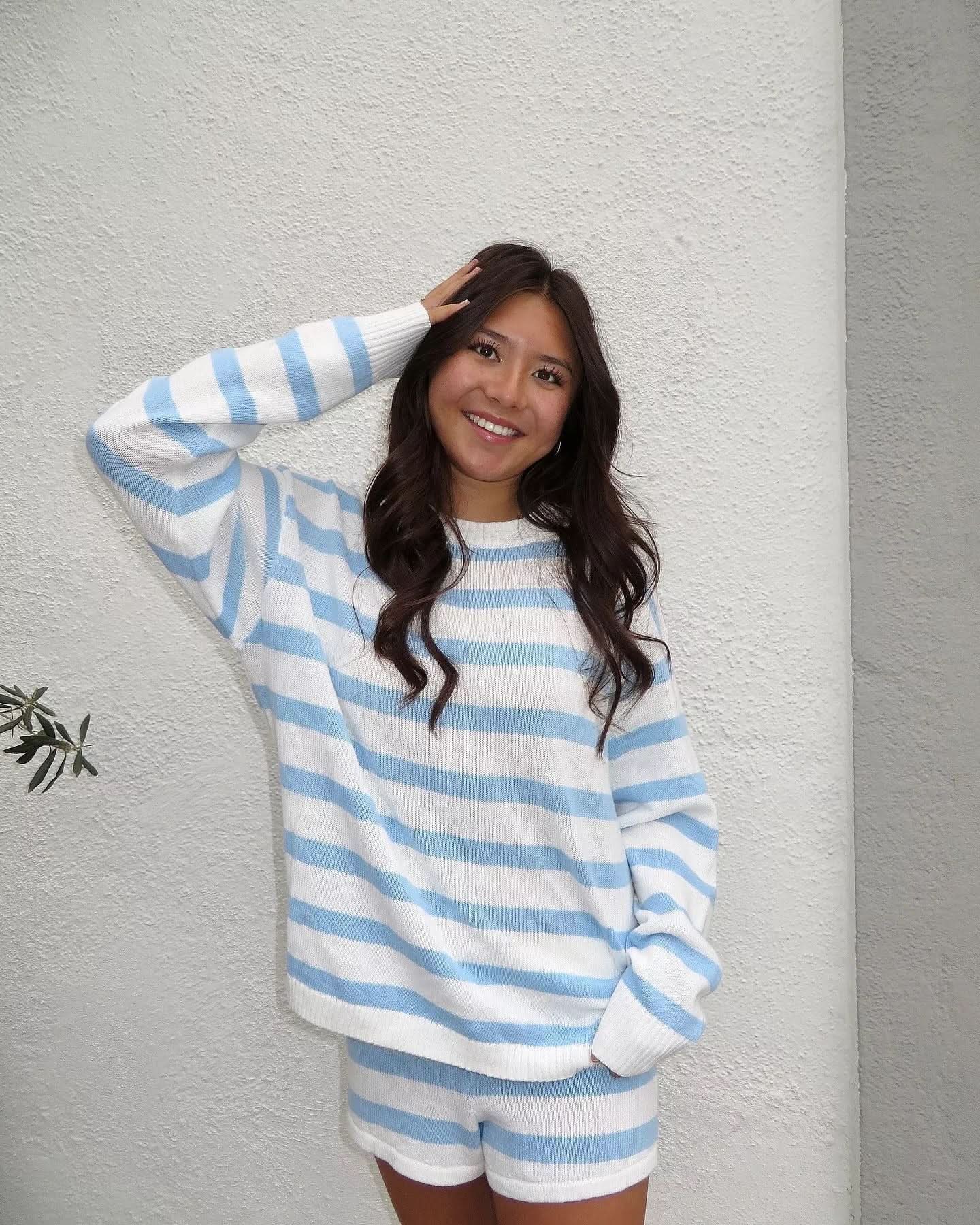 Women's Striped Long Sleeve Knit Sweater Short Set