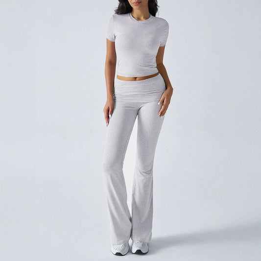 Women's Casual Short Sleeve Crop Top and Flare Pants Set