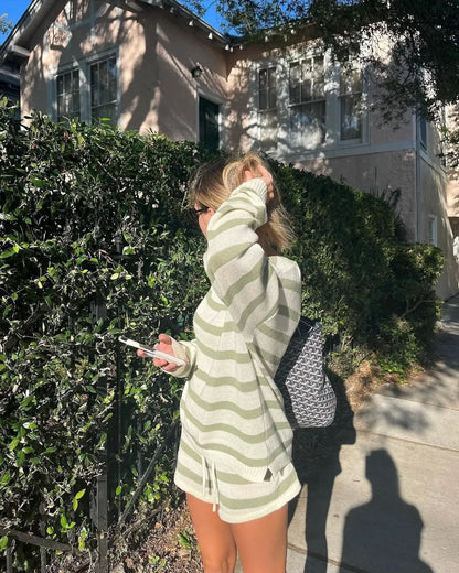 Women's Striped Long Sleeve Knit Sweater Short Set