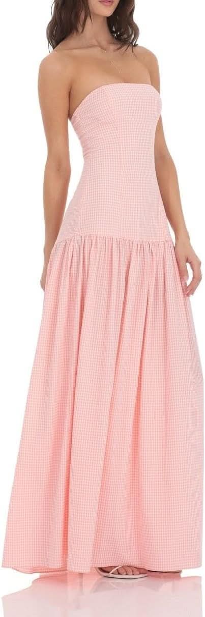 Women's Summer Strapless Gingham Maxi Dress