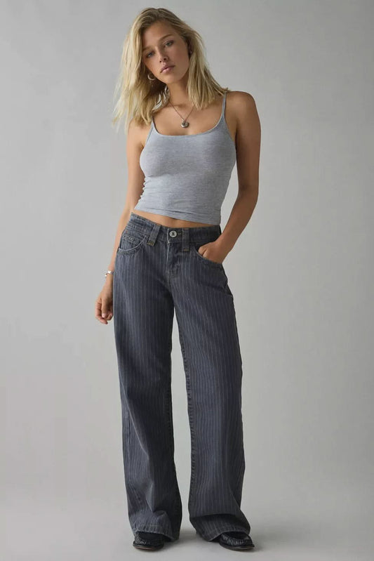 Women's High Waisted Striped Wide Leg Jeans
