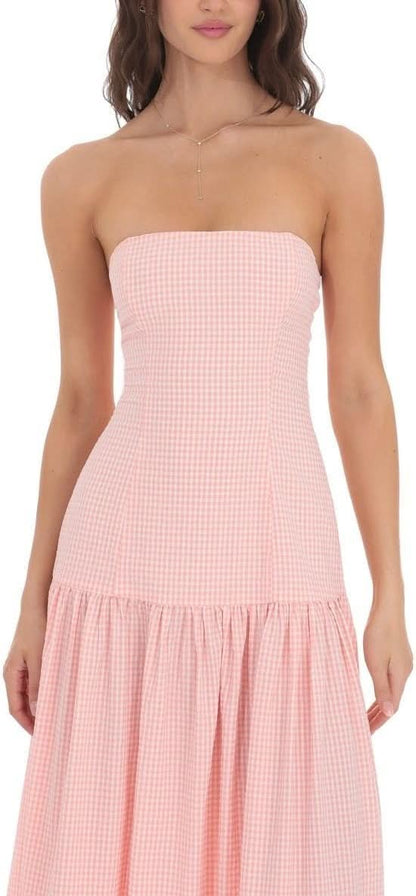 Women's Summer Strapless Gingham Maxi Dress