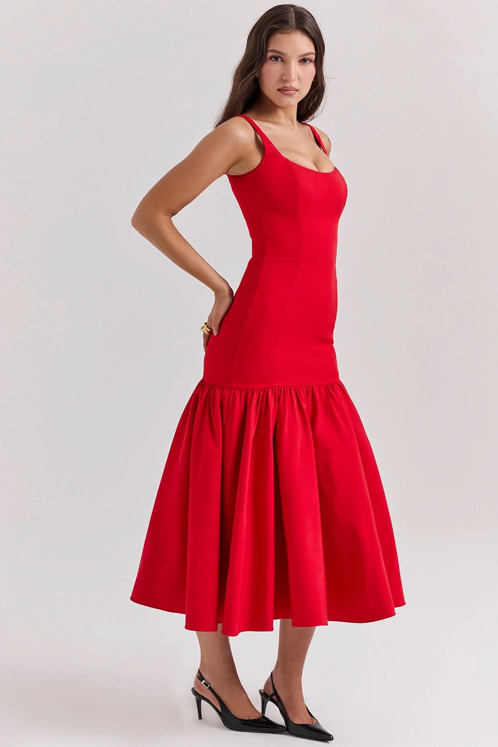 Women's Cocktail Dropped Waist Midi Dress Square Neck