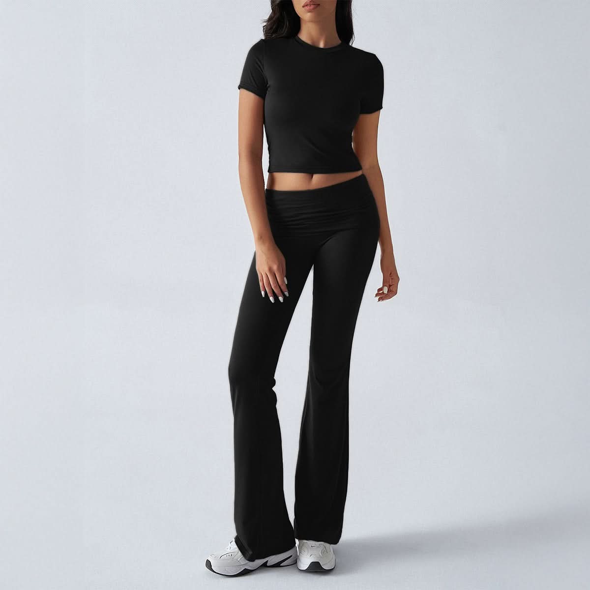 Women's Casual Short Sleeve Crop Top and Flare Pants Set