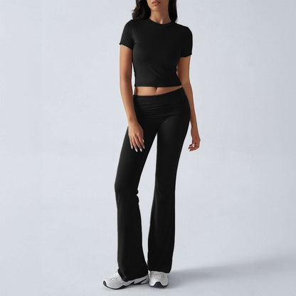 Women's Casual Short Sleeve Crop Top and Flare Pants Set