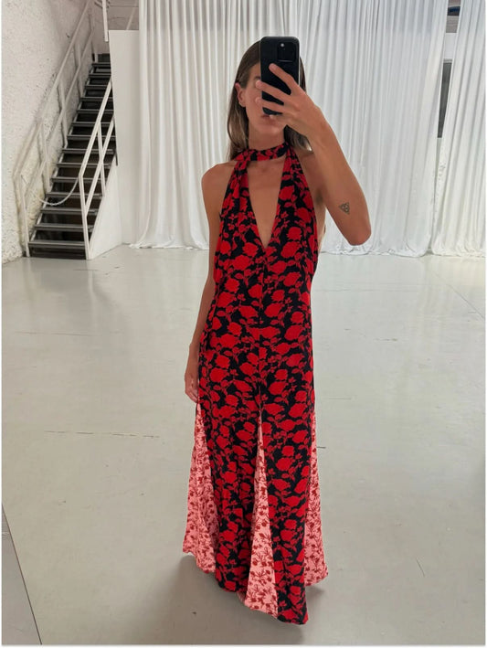 Women's Wedding Guest Floral Halter Maxi Backless Dress