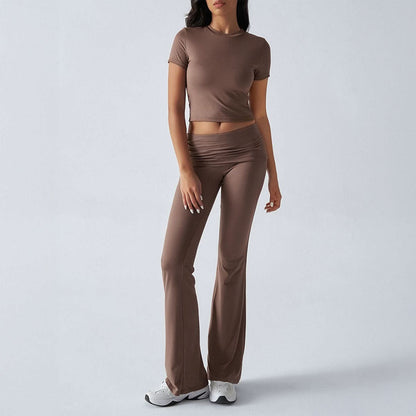 Women's Casual Short Sleeve Crop Top and Flare Pants Set