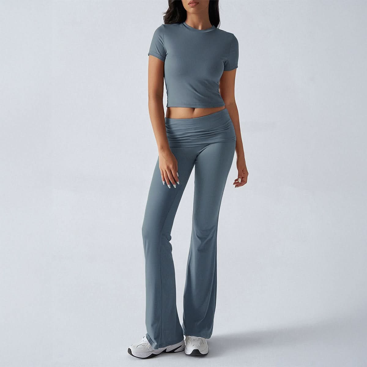 Women's Casual Short Sleeve Crop Top and Flare Pants Set
