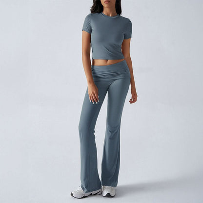 Women's Casual Short Sleeve Crop Top and Flare Pants Set
