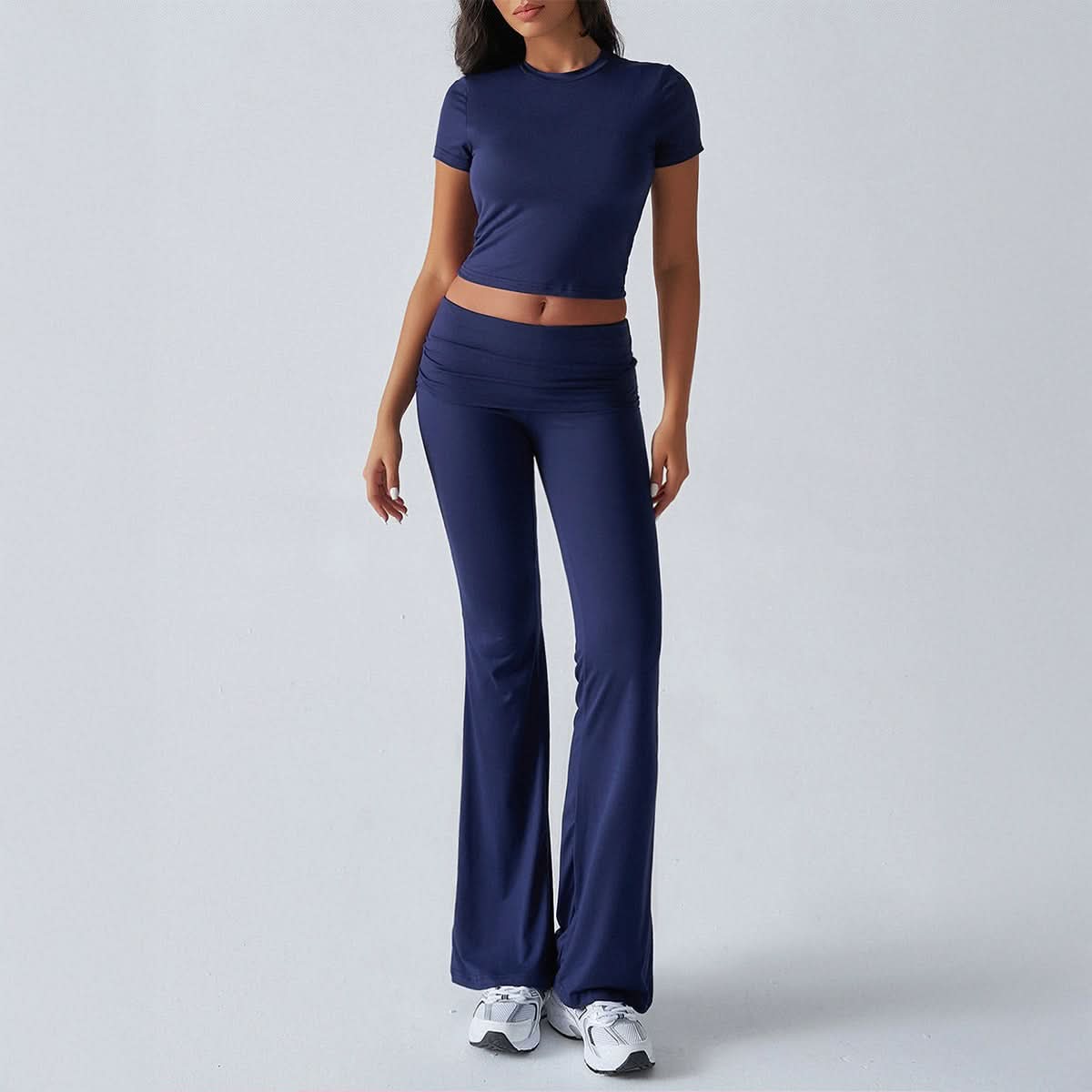 Women's Casual Short Sleeve Crop Top and Flare Pants Set