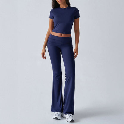Women's Casual Short Sleeve Crop Top and Flare Pants Set