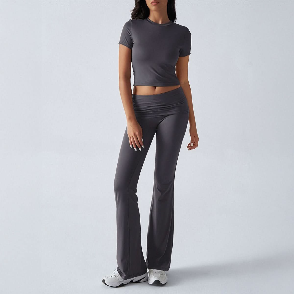 Women's Casual Short Sleeve Crop Top and Flare Pants Set