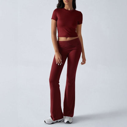 Women's Casual Short Sleeve Crop Top and Flare Pants Set