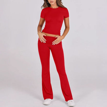 Women's Casual Short Sleeve Crop Top and Flare Pants Set