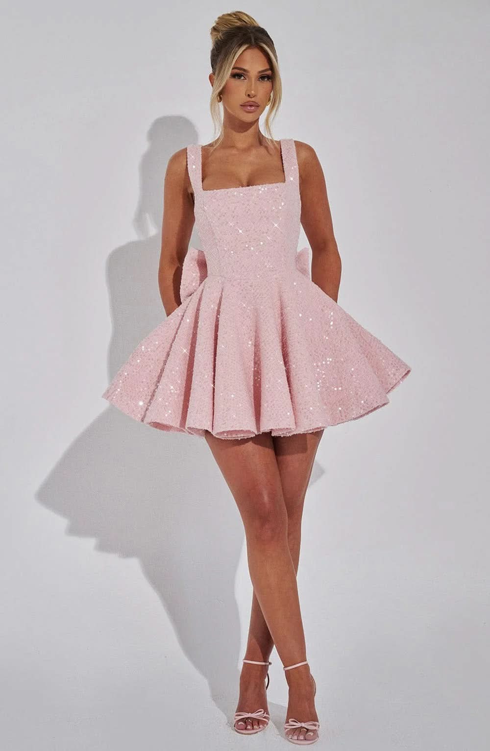 Women's Wedding Guest Sequin Square Neck Mini Dress