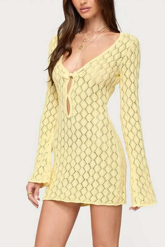 Women's Summer Crochet V Neck Mini Dress With Bell Sleeves