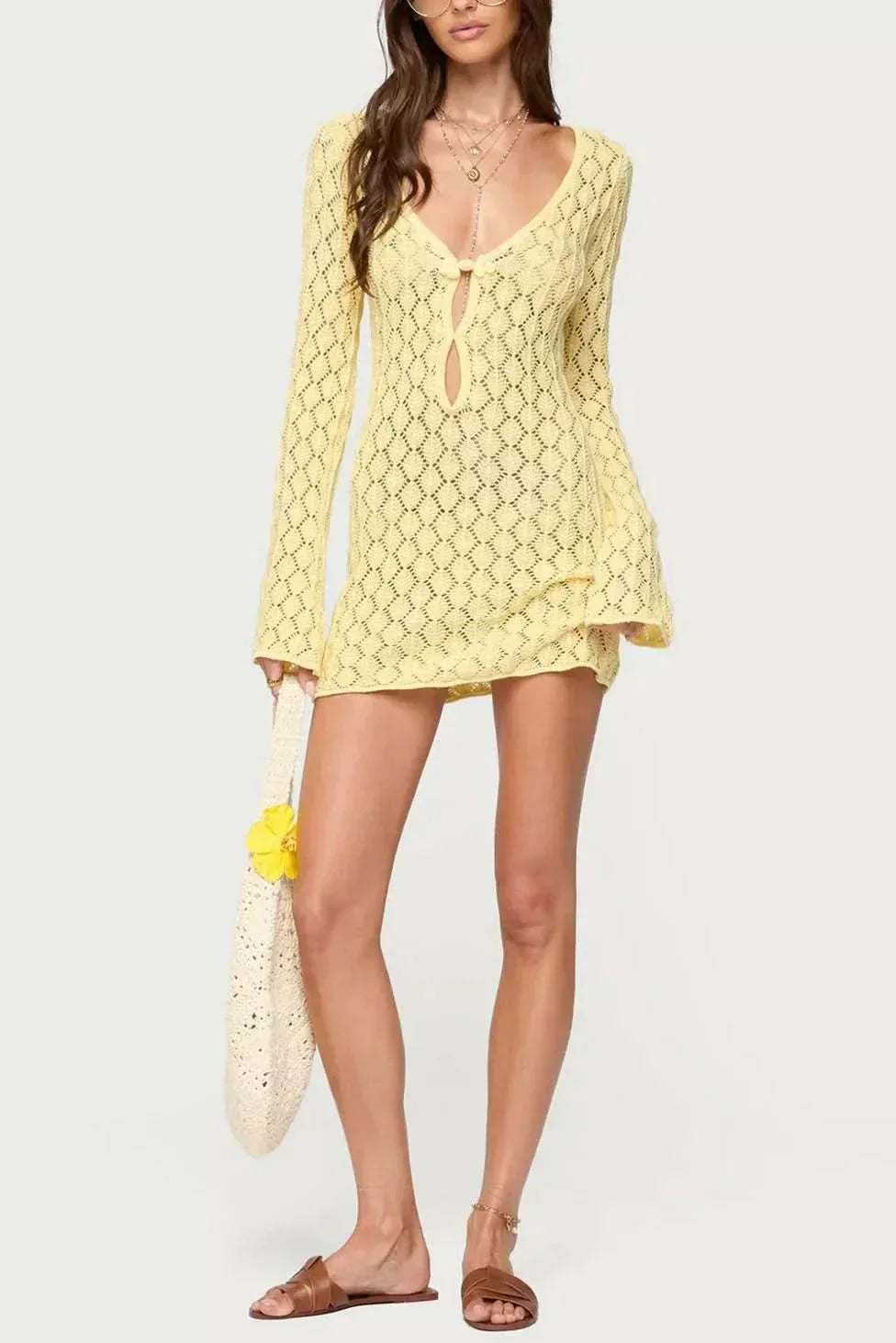 Women's Summer Crochet V Neck Mini Dress With Bell Sleeves