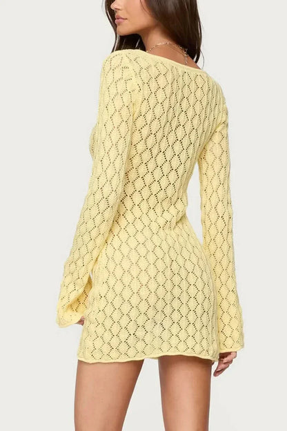 Women's Summer Crochet V Neck Mini Dress With Bell Sleeves