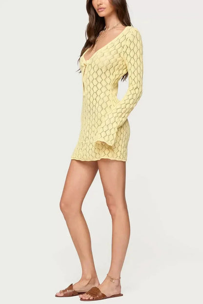 Women's Summer Crochet V Neck Mini Dress With Bell Sleeves