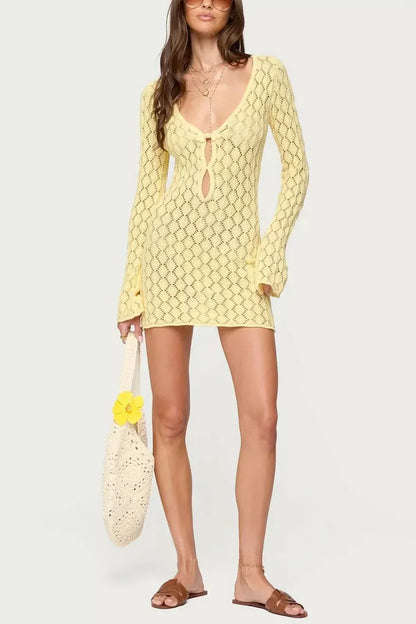 Women's Summer Crochet V Neck Mini Dress With Bell Sleeves