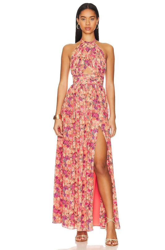 Women's Wedding Guest Halter Cut Out Maxi Dress