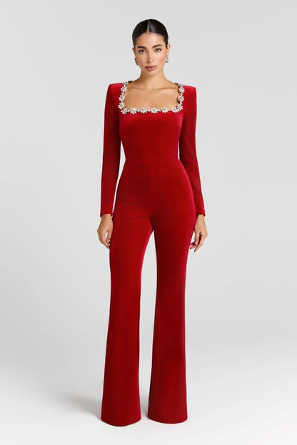 Women's Prom Square Neck Velvet Flared Leg Jumpsuit