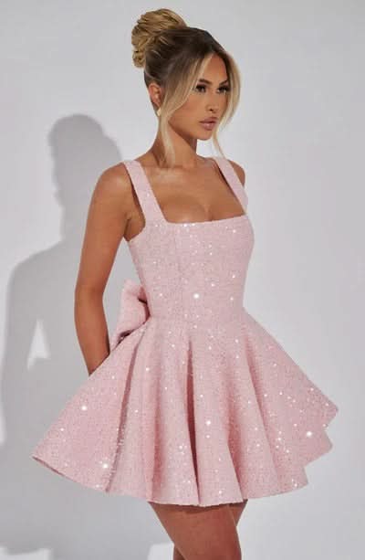 Women's Wedding Guest Sequin Square Neck Mini Dress