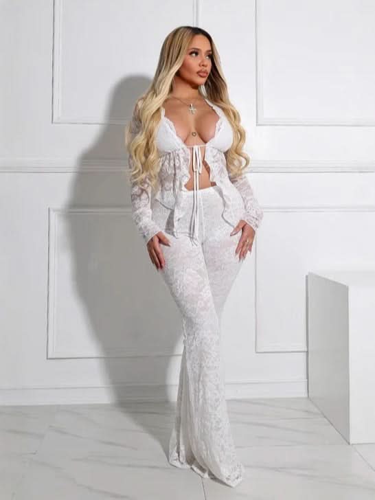 Women's Cocktail Floral Lace Long Sleeve Pants Set