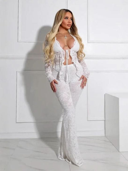 Women's Cocktail Floral Lace Long Sleeve Pants Set